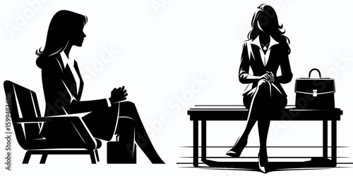 Business woman waiting meeting. Corporate Finance Cartoon Minimal Clipart Line Art Vector Illustration. Female professional anticipation planning conference with colleague.