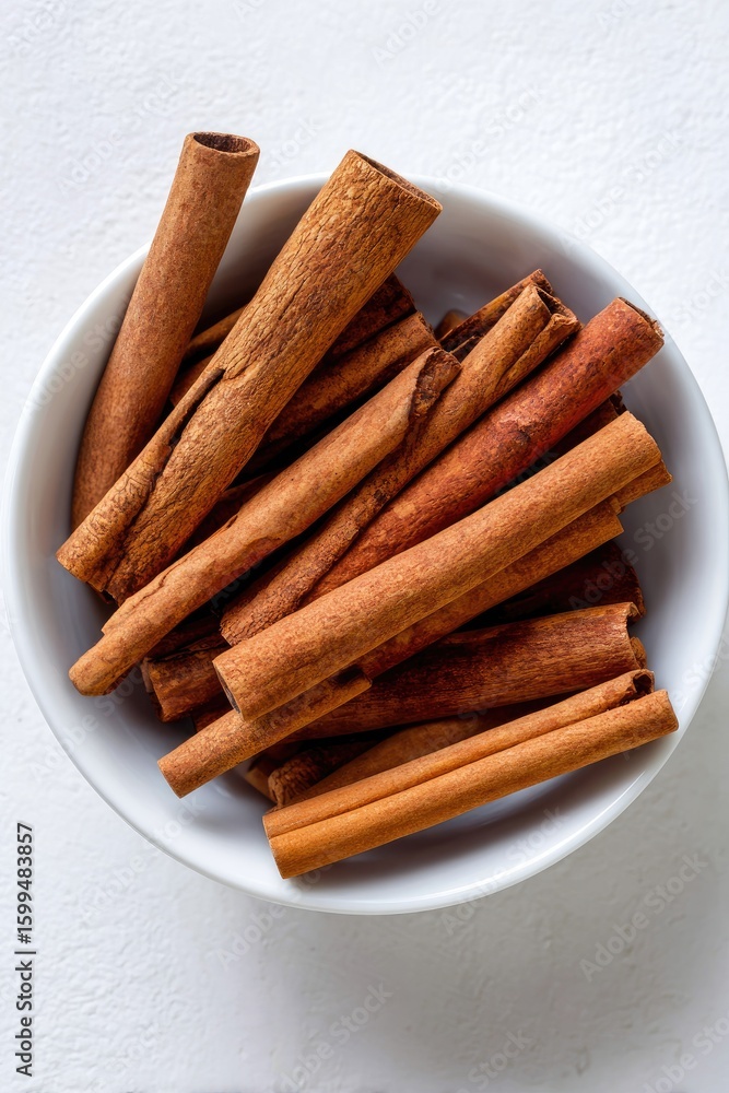 Cinnamon sticks tightly packed into a white bowl, simple spice presentation on white table Cinnamon sticks tightly packed into a white bowl, simple spice presentation on white table
