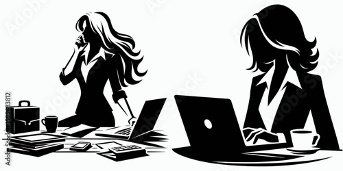 Business woman working home. Corporate Finance Cartoon Minimal Clipart Line Art Vector Illustration. Female professional at work in residence self employment occupation.