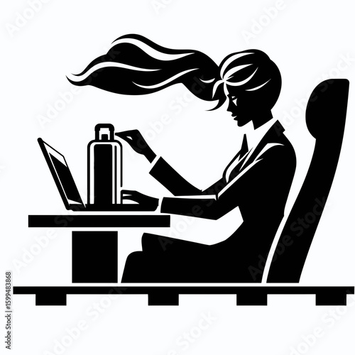 Business woman working train. Corporate Finance Cartoon Minimal Clipart Line Art Vector Illustration. Female entrepreneur job transit railway journey commuter professional activity.