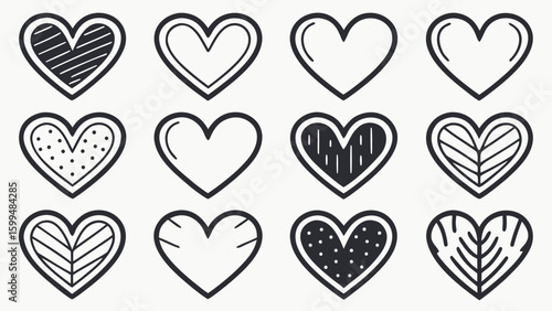Silhouette Collection of hand drawn heart icons set with various fill patterns