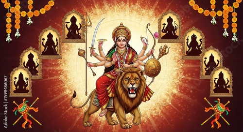 Illustration of Navadurga with Nine Forms Represented in a Traditional Style, Generative ai