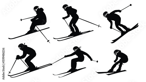 Silhouettes of skiers in various poses on a white background showcasing winter sports activities fun.