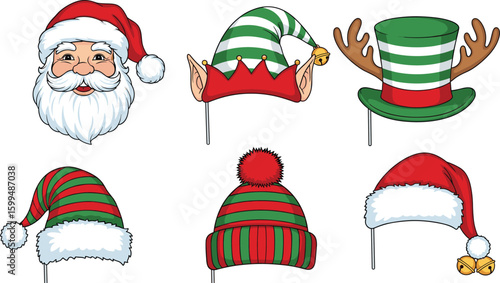 Christmas party hat collection illustration, Santa, elf, and reindeer headwear, festive holiday props design, seasonal costume accessories, cartoon style celebration elements