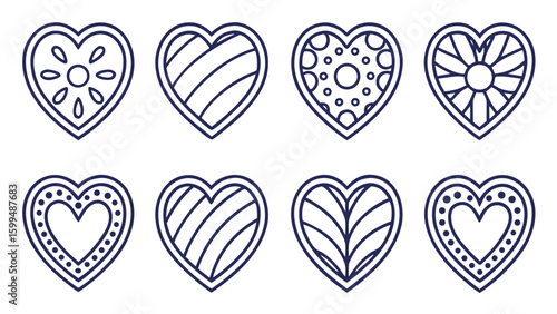 Silhouette Collection of hand drawn heart icons set with various fill patterns