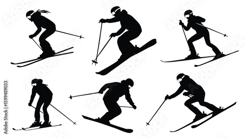 Silhouettes of skiers in various poses skiing downhill on a white background with ski poles used