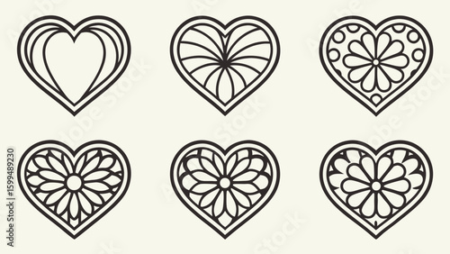Silhouette Collection of hand drawn heart icons set with various fill patterns