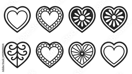 Silhouette Collection of hand drawn heart icons set with various fill patterns