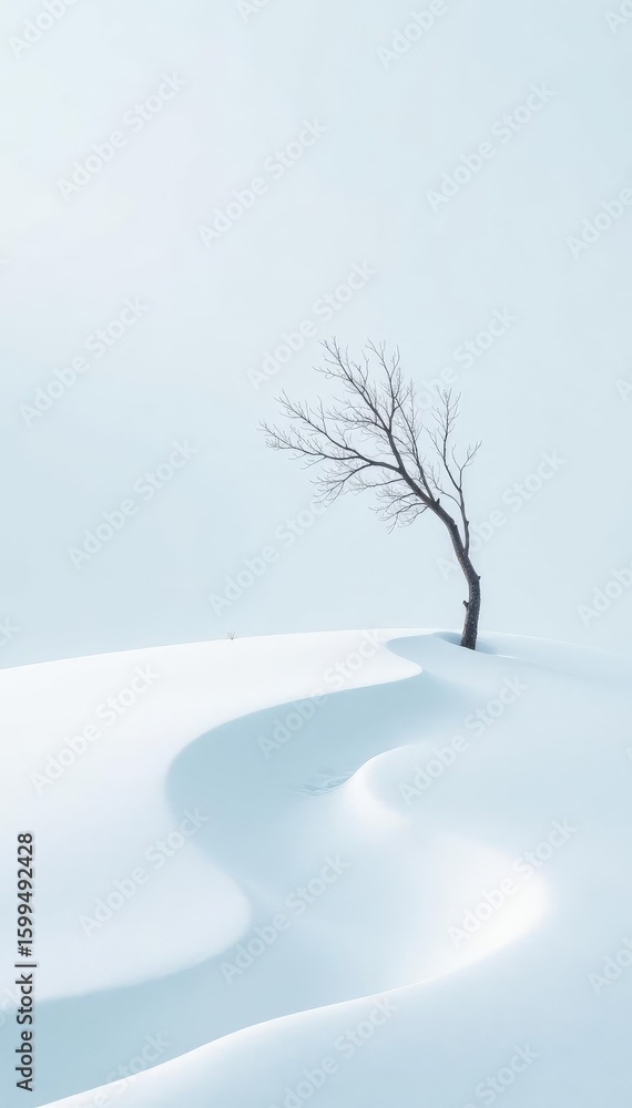 Fototapeta premium A curved branch stretching across a snow-covered white expanse, serene, minimalist, snow