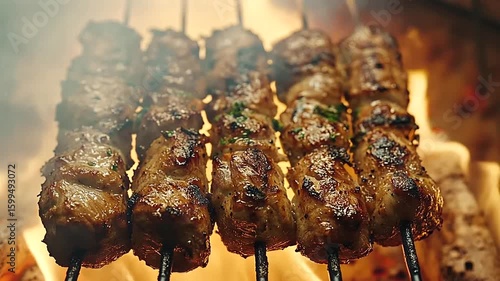 Juicy kebabs grilling over hot coals with flames for a delicious culinary experience