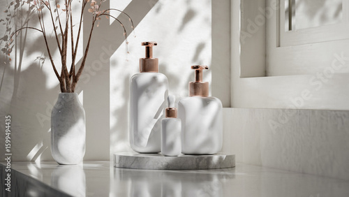 Elegant 3D render of cosmetic bottles with a marble base and natural lighting, perfect for showcasing skincare or beauty product branding. Premium photo 3d render.