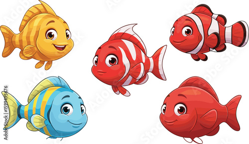 Colorful cartoon fish illustration, vibrant aquatic characters, playful marine life design, underwater adventure scene, cheerful sea creatures artwork, kids’ educational and creative content