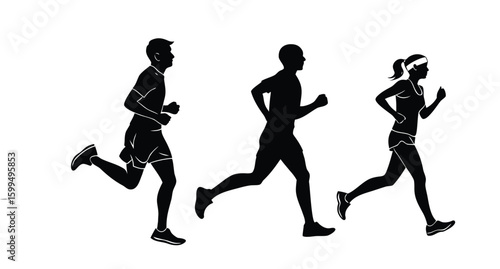 Silhouette illustration of three runners in motion on a plain white background image design