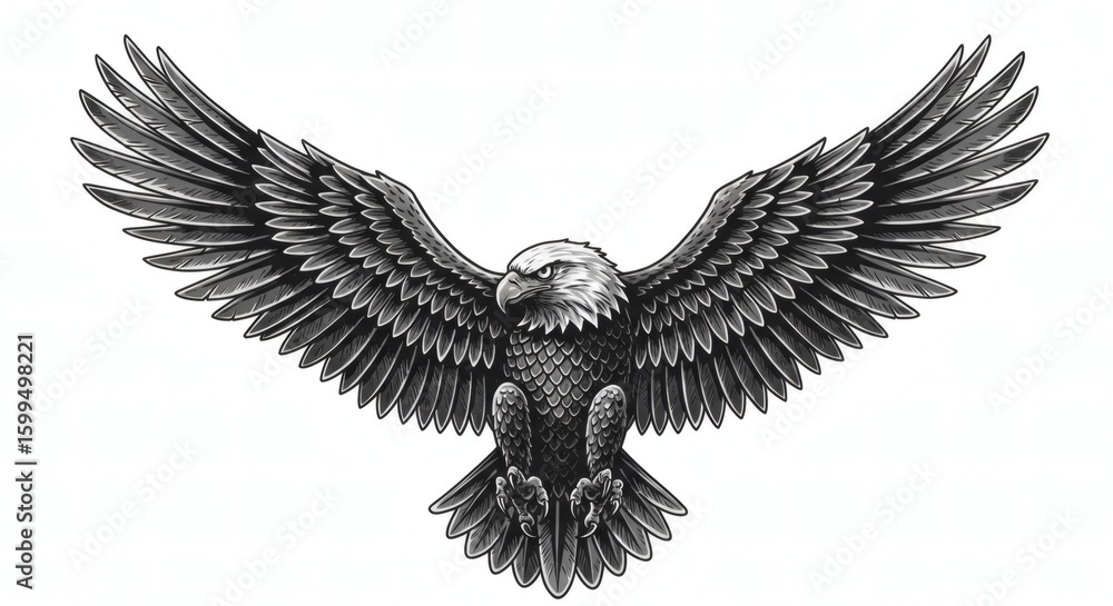Obraz premium Detailed Black and Gray Tattoo Design of Soaring Eagle – Symmetrical Vintage Engraving Style with Intricate Feathers and Sharp Eyes, Isolated on White Background for Tattoo or Print Use