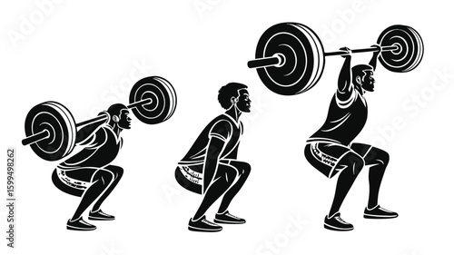 Three stages of a man lifting a barbell in a squat position in black and white illustration style