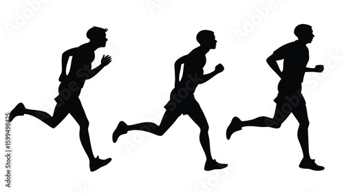 Three silhouetted runners in mid stride against a white background showing movement and athletic activity