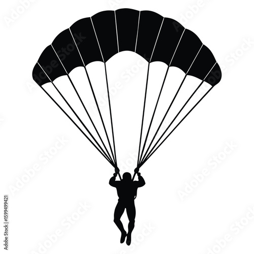 Black silhouette skydiver descending parachute vector
