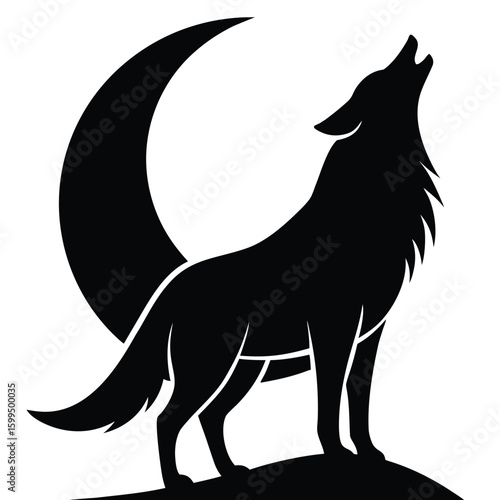 Black wolf howling at crescent moon night