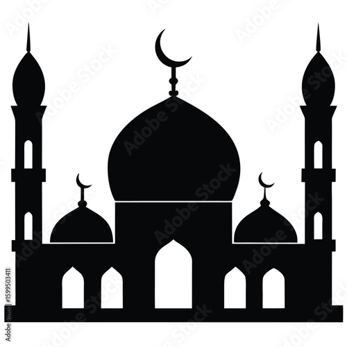 Islamic mosque silhouette with crescent moon and minarets
