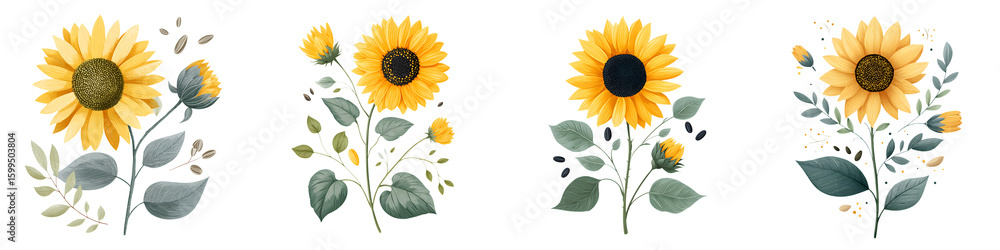 Naklejka premium Watercolor Sunflower Collection: Floral Illustration Set