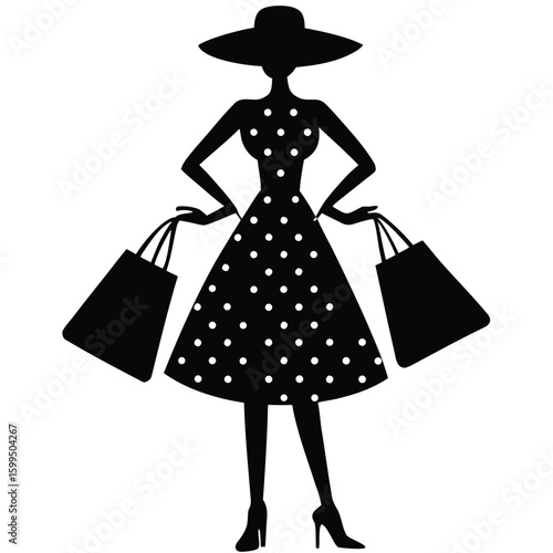 Polka dot dress woman with shopping bags silhouette