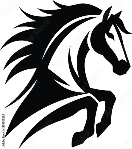 Silhouette of a rearing horse with flowing mane and tail in black and white minimalistic style art on transparent background