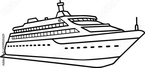 Cruise Ship black outline vector and illustration, coloring book page