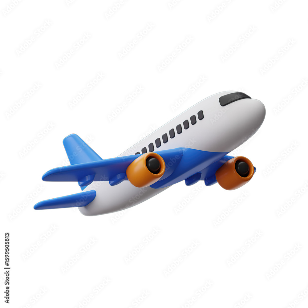 Fototapeta premium White and blue passenger jet airplane in flight isolated on transparent background