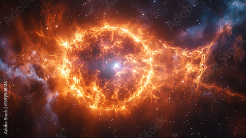 Massive energy orb stabilizing in open space between nebulae with luminous arcs 