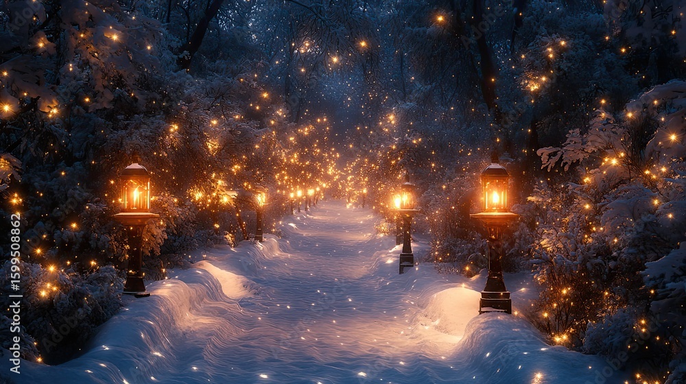 Fototapeta premium Lanterns lighting snowy forest path at night, magical winter scene for holiday, fantasy or peaceful nighttime visuals