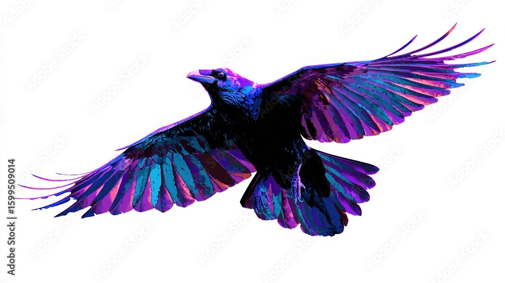 Fototapeta premium Vivid raven soars, wings spread wide, colorful iridescence on feathers against white