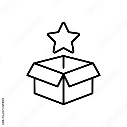 Outline Icon of an Open Cardboard Box with a Star Above It Symbolizing Highlighted Content or Featured Item