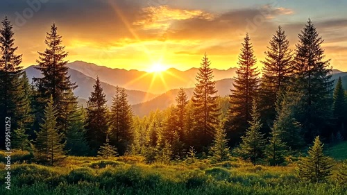Majestic mountain landscape featuring a serene forest at sunset showcasing nature's beauty