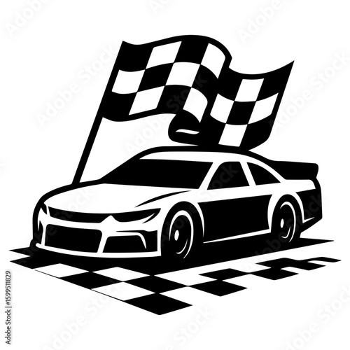 Race car racing with checkered flag icon motorsport speed symbol
