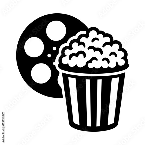 Popcorn and film reel icon with transparent background symbolizing movie, cinema, entertainment
