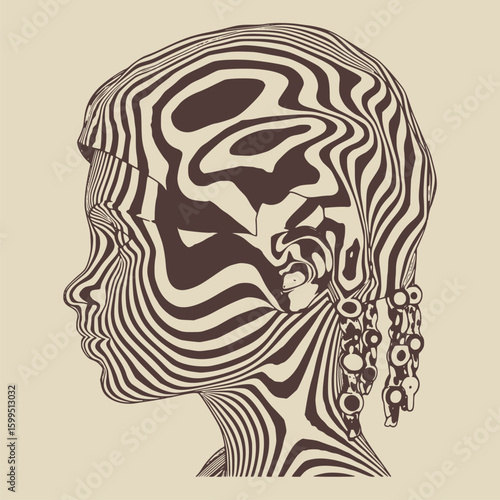 Young woman face represented in stripes. Elegant silhouette of a female head.