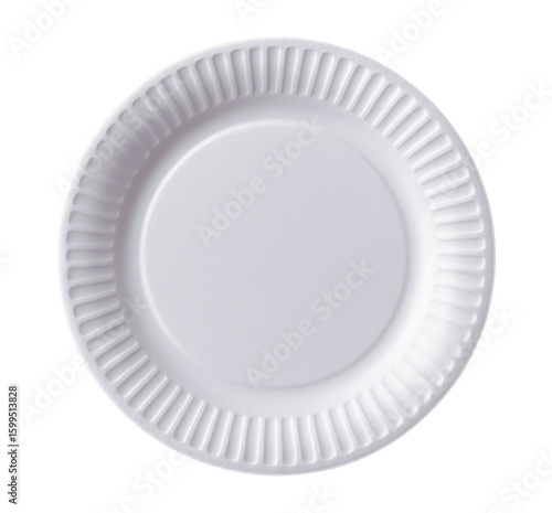 Round white disposable paper plate with a classic ridged edge for parties or picnics, top view, Isolated on Transparent and White Background