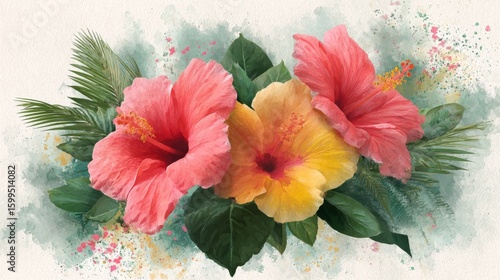 Wallpaper Mural Pink And Yellow Hibiscus Watercolor Painting Torontodigital.ca