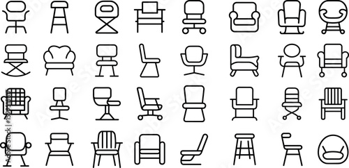 Various seating furniture chair silhouette line Icons set,  furniture , featuring various types of seating silhouettes and more vector illustration