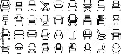 Modern chair silhouette line Icons set,  furniture , featuring various types of seating silhouettes and more vector illustration