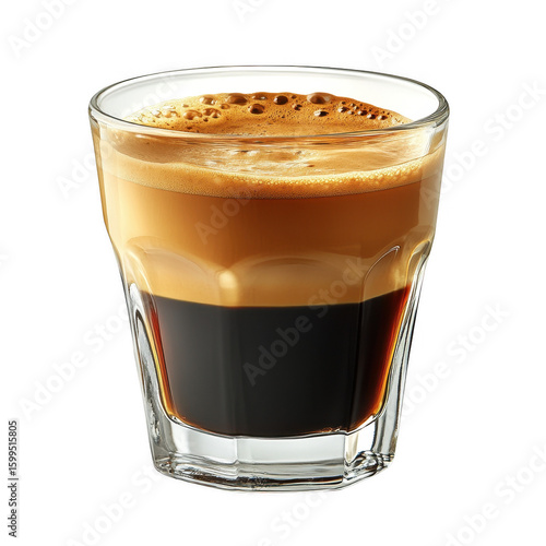 A layered shot of coffee with crema and dark espresso in a clear glass isolated on transparent background