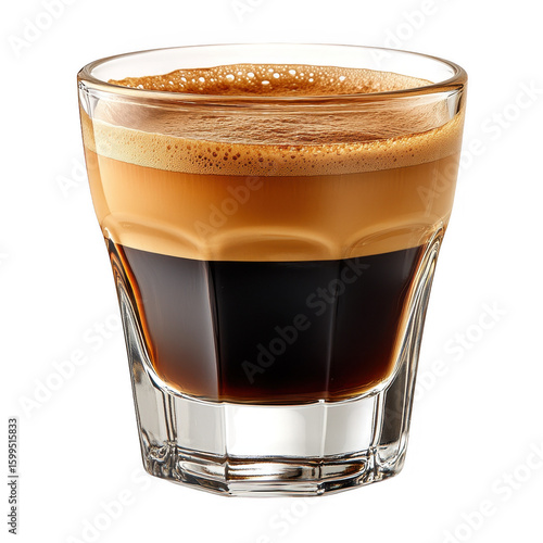A refreshing shot of rich dark espresso coffee with a creamy golden brown crema layer in a clear glass isolated on transparent background