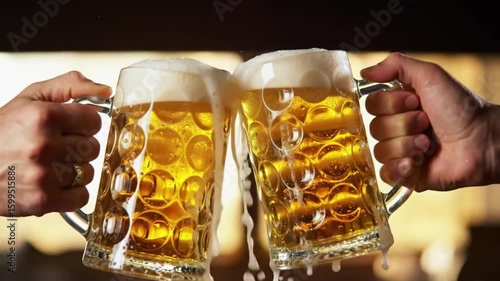Clinking Full Beer Mugs in Celebration Toasting in Slow Motion