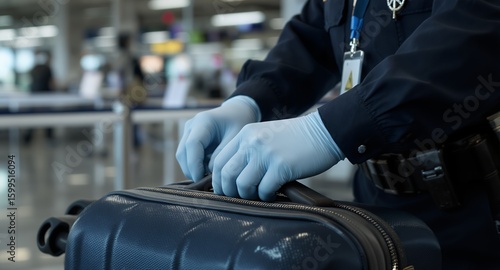 Security Check Luggage Inspection Gloved Hands Handling Suitcase