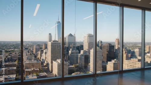 Cityscape view through large windows tall buildings visible