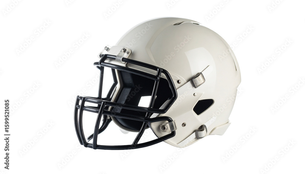Fototapeta premium American football helmet in white, isolated on white background, used for player protection.