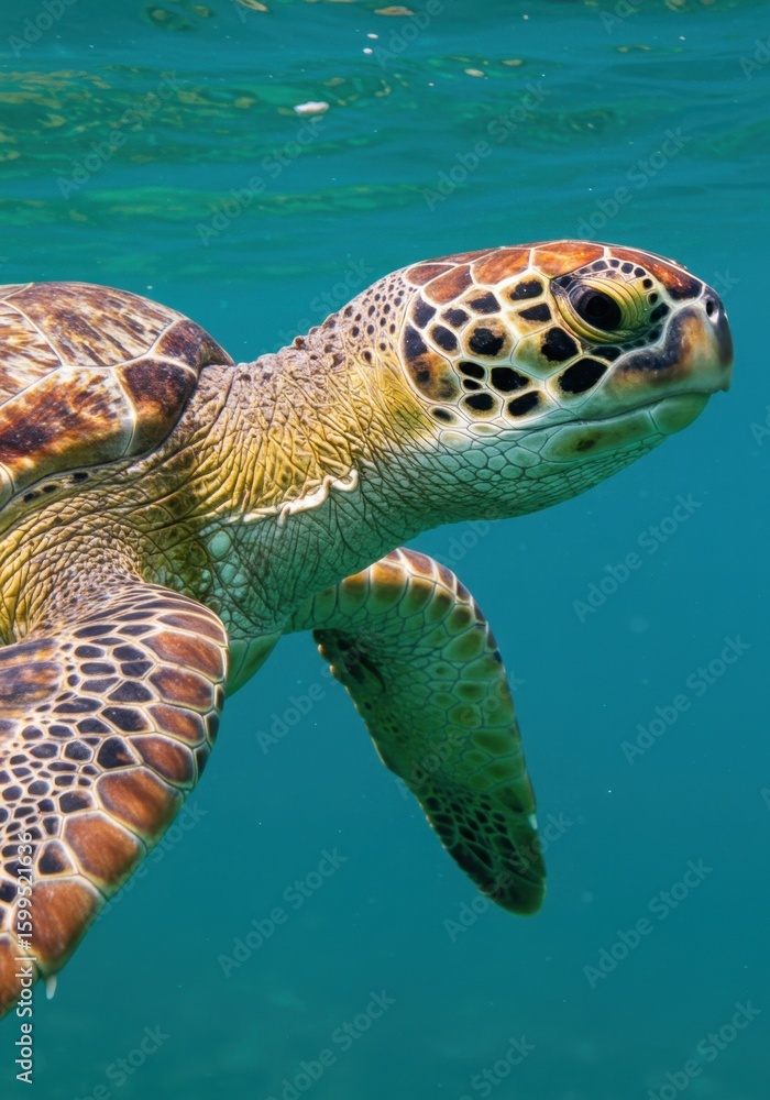 Fototapeta premium Close Up Of A Sea Turtle Swimming Underwater In Turquoise Water