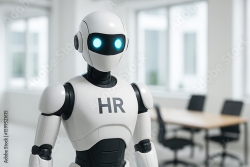 Humanoid robot with hr designation in a modern office setting