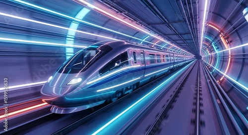 High-Speed Futuristic Bullet Train in Tunnel