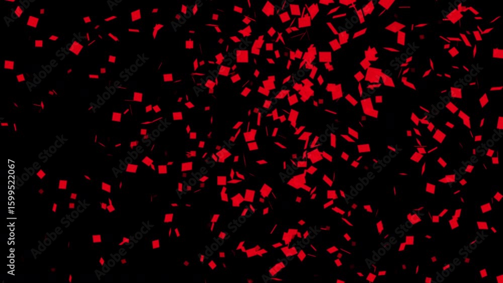 Background of thousands of irregular shapes of red squares and triangles flying gracefully in the darkness. abstract